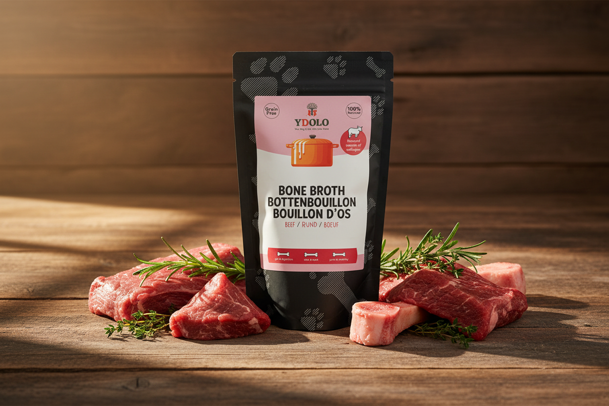 YDOLO Bone Broth Beef – rustykalne tło z wołowiną