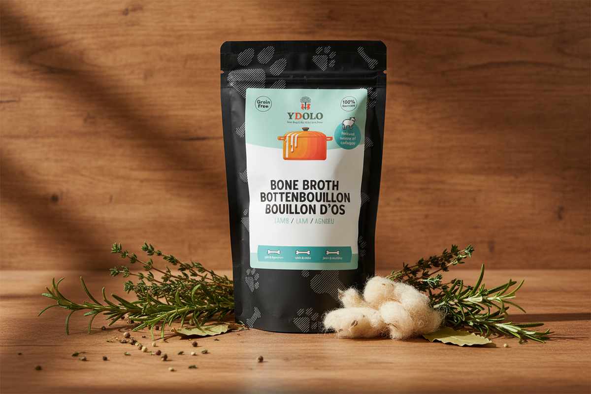YDOLO Bone Broth Lamb – stylizowane zdjęcie produktu na tle rustykalnym