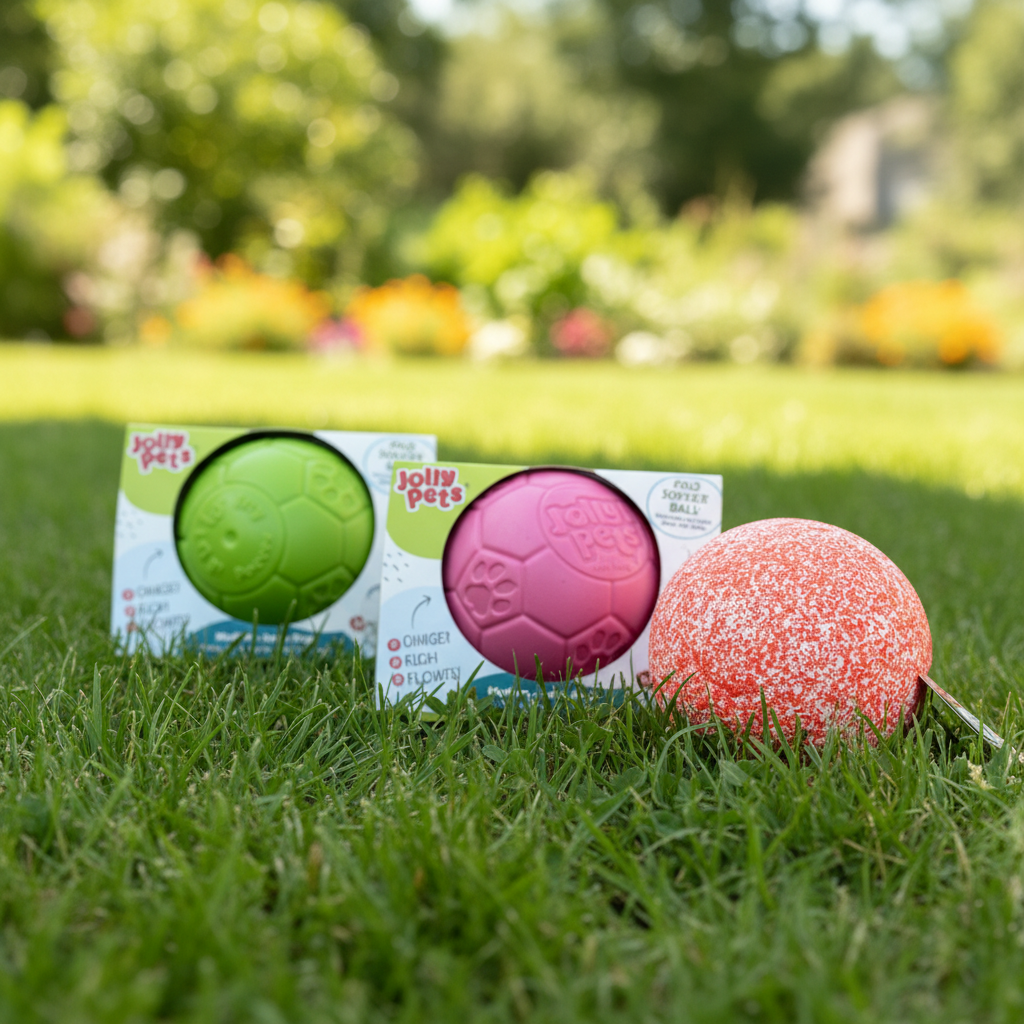 Jolly Pets Soccer Ball – zielona, różowa i nakrapiana na trawie