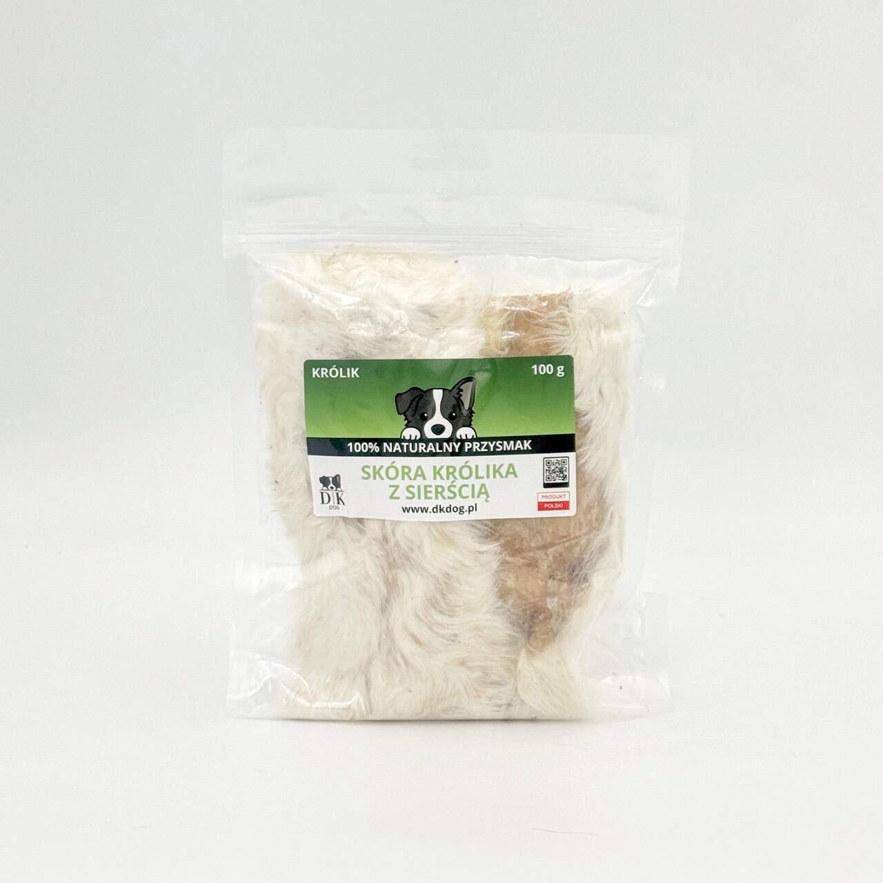 Skóra Królika z Sierścią DK Dog 100g – naturalny gryzak dla psa, opakowanie