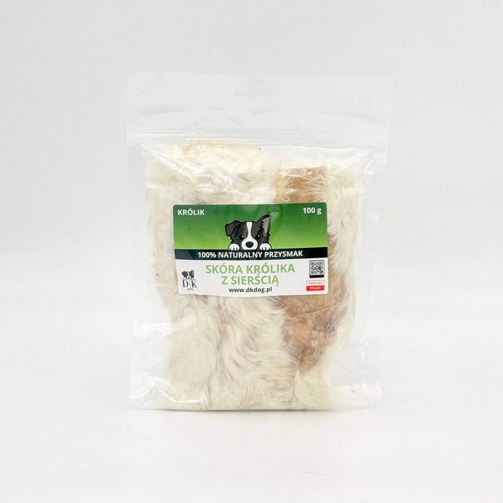 Skóra Królika z Sierścią DK Dog 100g – naturalny gryzak dla psa, opakowanie